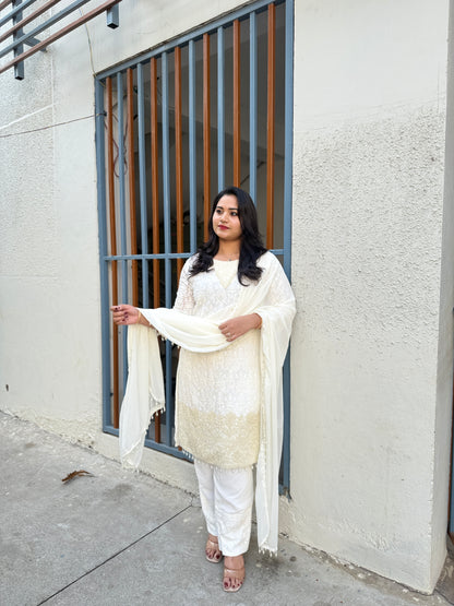 Women’s premium georgette embroidered stitched suit set with beads work and palazzo (XL)