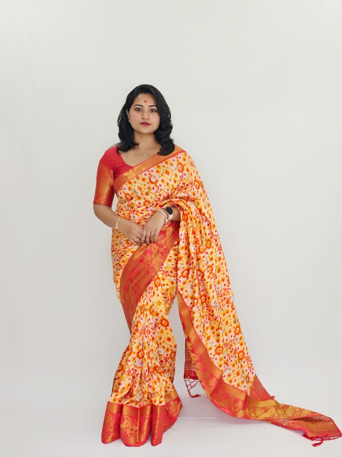 Raw Silk Saree with Ikkat Patola Print and Matching Blouse Piece for Women