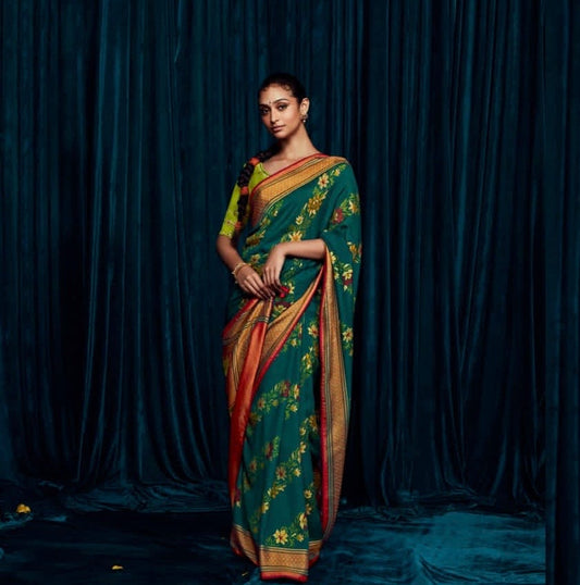 Soft Brasso Printed Saree with Fancy Border, Tassel Pallu and Work Blouse for Women – Party and Festival Wear