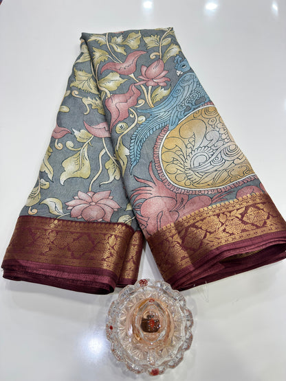 Silk blend printed saree with floral and bird motifs, zari border, women’s festive wear saree