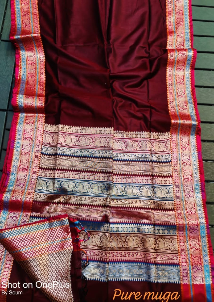 Muga Katan Saree with Brocade Blouse Piece for Women – Plain Body and Soft Drape