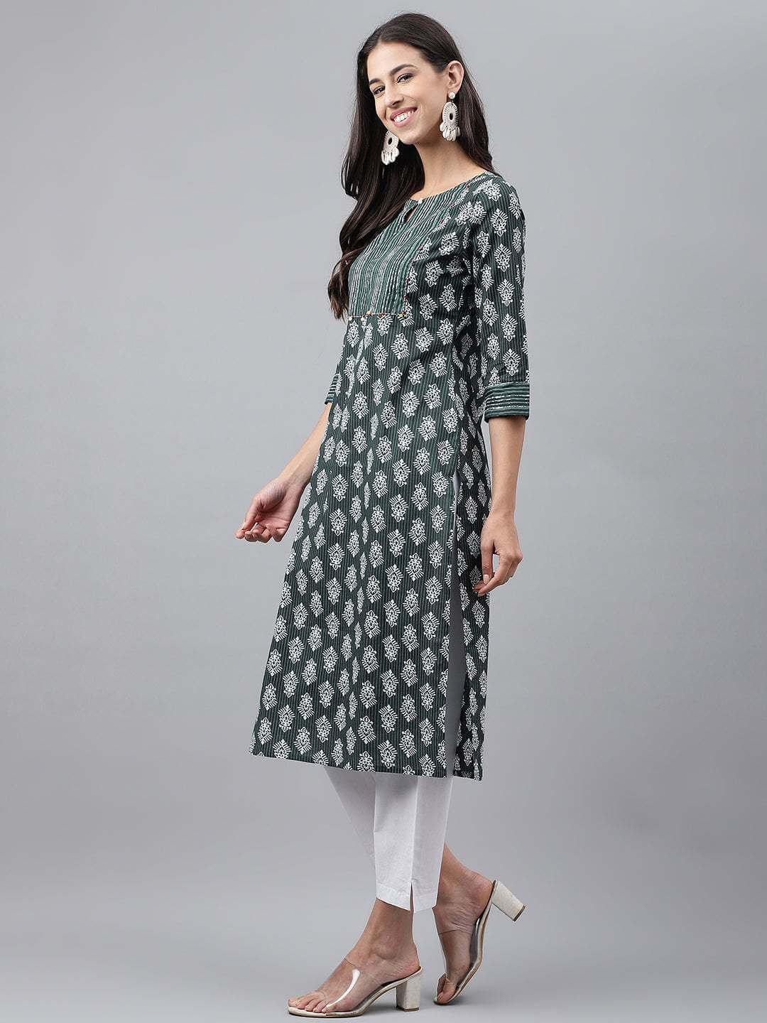 Dark Green Cotton Ethnic Motifs Straight Kurta for Women with Keyhole Neck