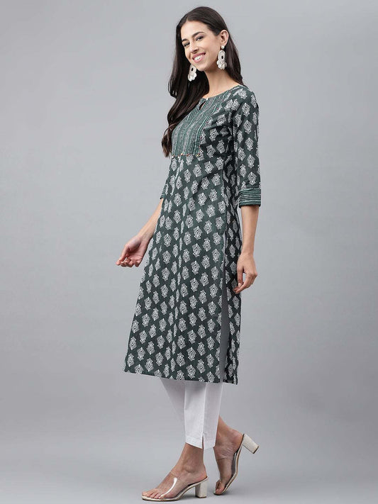 Dark Green Cotton Ethnic Motifs Straight Kurta for Women with Keyhole Neck