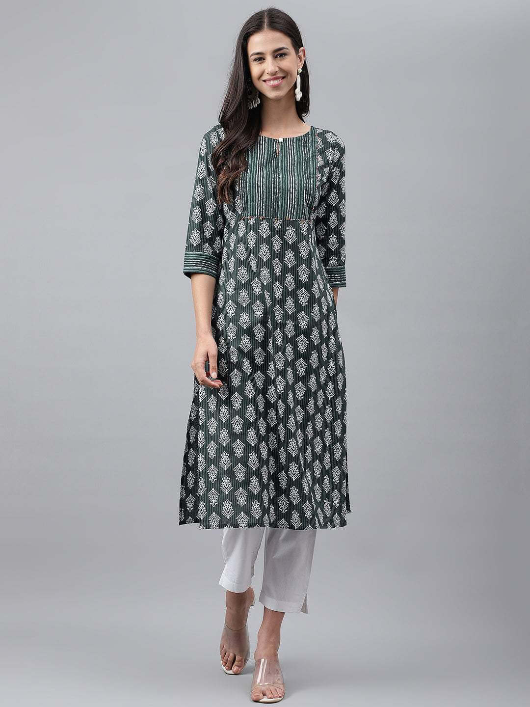 Dark Green Cotton Ethnic Motifs Straight Kurta for Women with Keyhole Neck