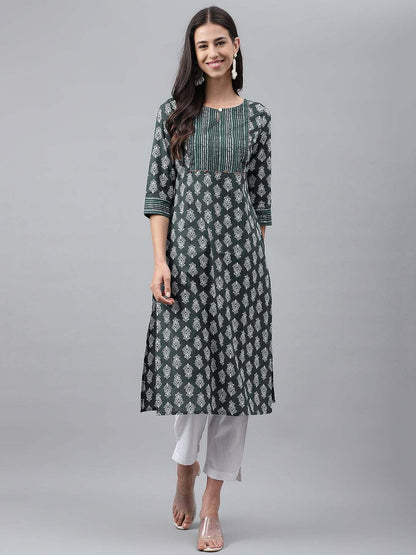 Dark Green Cotton Ethnic Motifs Straight Kurta for Women with Keyhole Neck