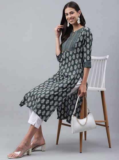 Dark Green Cotton Ethnic Motifs Straight Kurta for Women with Keyhole Neck