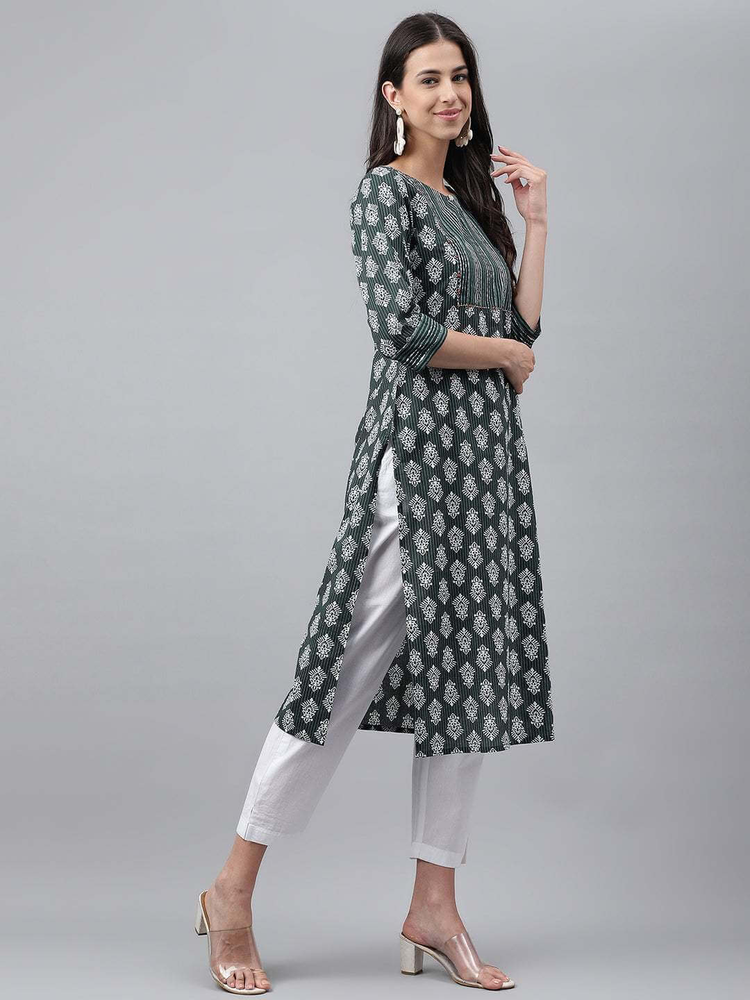 Dark Green Cotton Ethnic Motifs Straight Kurta for Women with Keyhole Neck