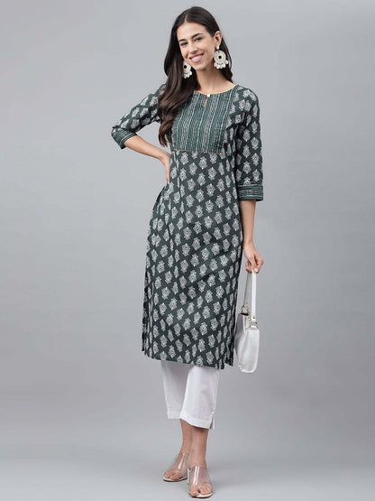 Dark Green Cotton Ethnic Motifs Straight Kurta for Women with Keyhole Neck