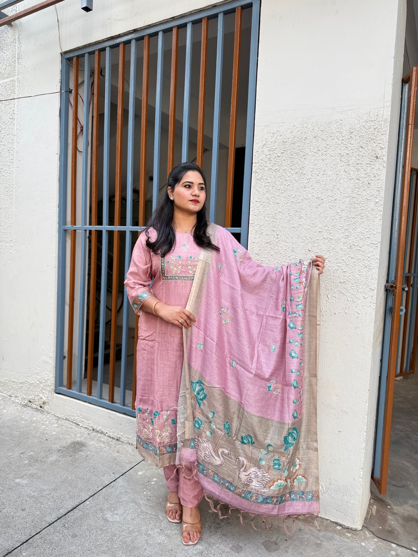 Chanderi embroidered suit set for women with cotton lining, matching bottom and dupatta