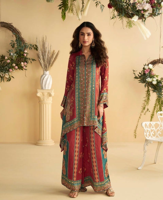 Crepe Silk Digital Printed Co-Ord Set with Mirror Work for Women – Festive Wear Kurta Pant Set