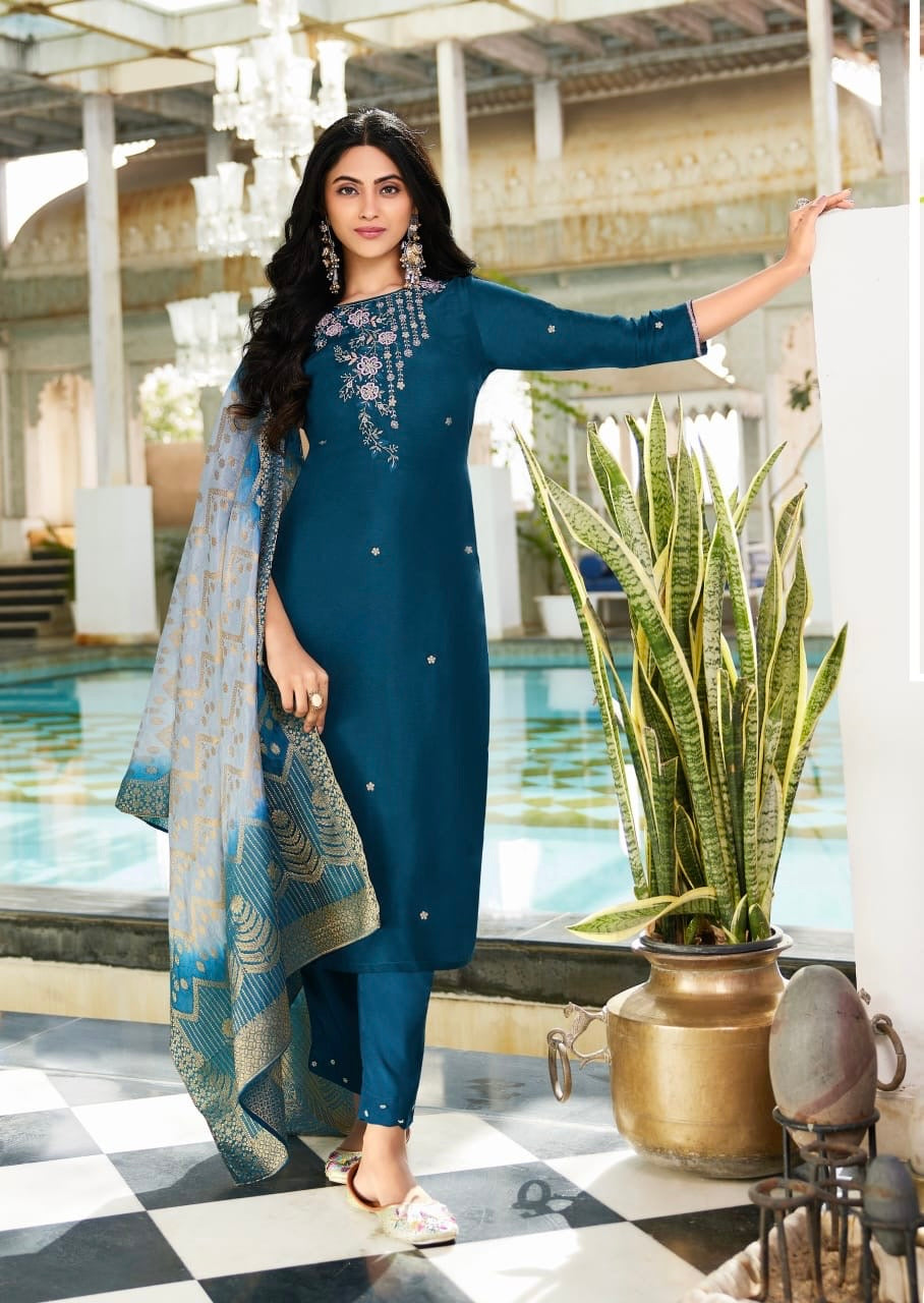 Dola Silk Kurti Set with Russian Silk Pant and Jacquard Dupatta – Handwork Ethnic Set for Women