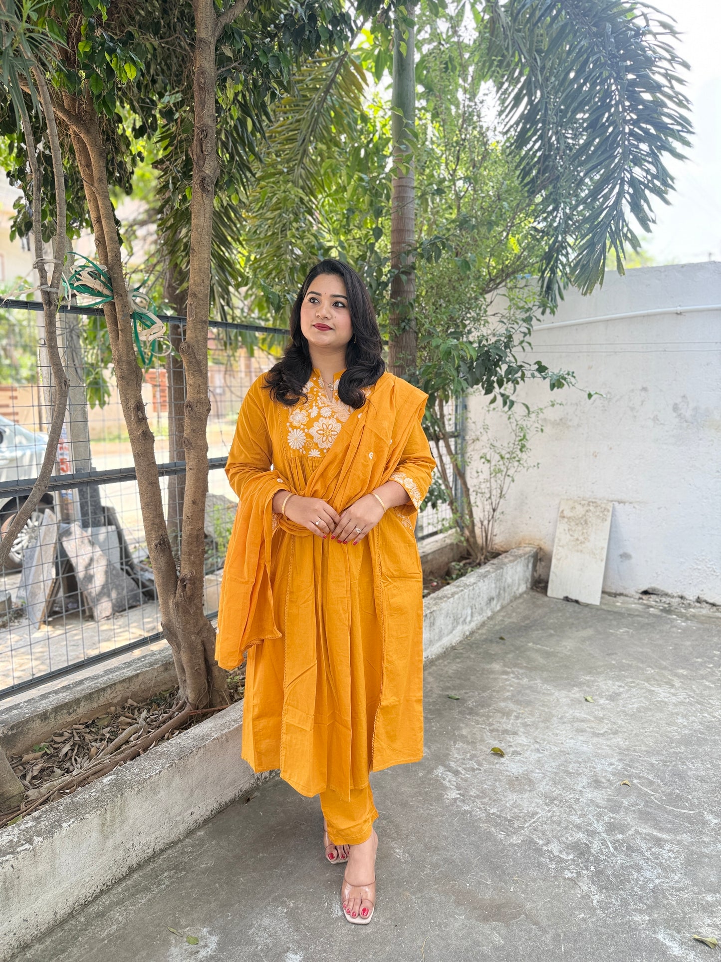 Cotton Mul Kurta Set with Hanging Embroidery Yoke, Cotton Pant and Motif Embroidered Dupatta