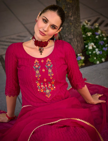 Women’s Self-Jacquard Silk 3-Piece Suit Set with Afghani Bottom and Organza Dupatta – XXL & 3XL