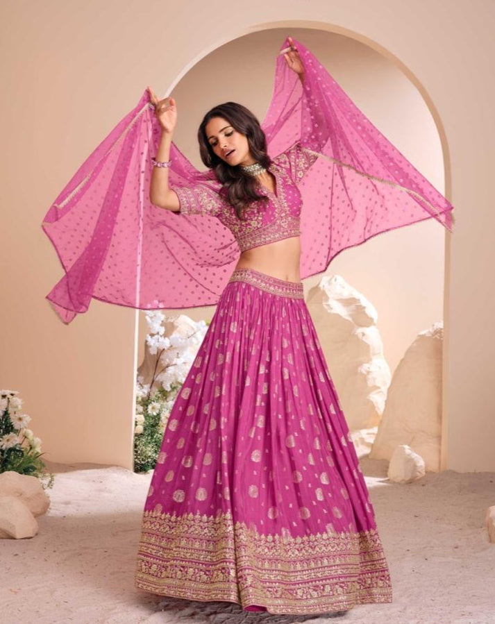 Viscose Jacquard Silk Embroidered Lehenga Choli with Dupatta for Women – Free Size Stitched