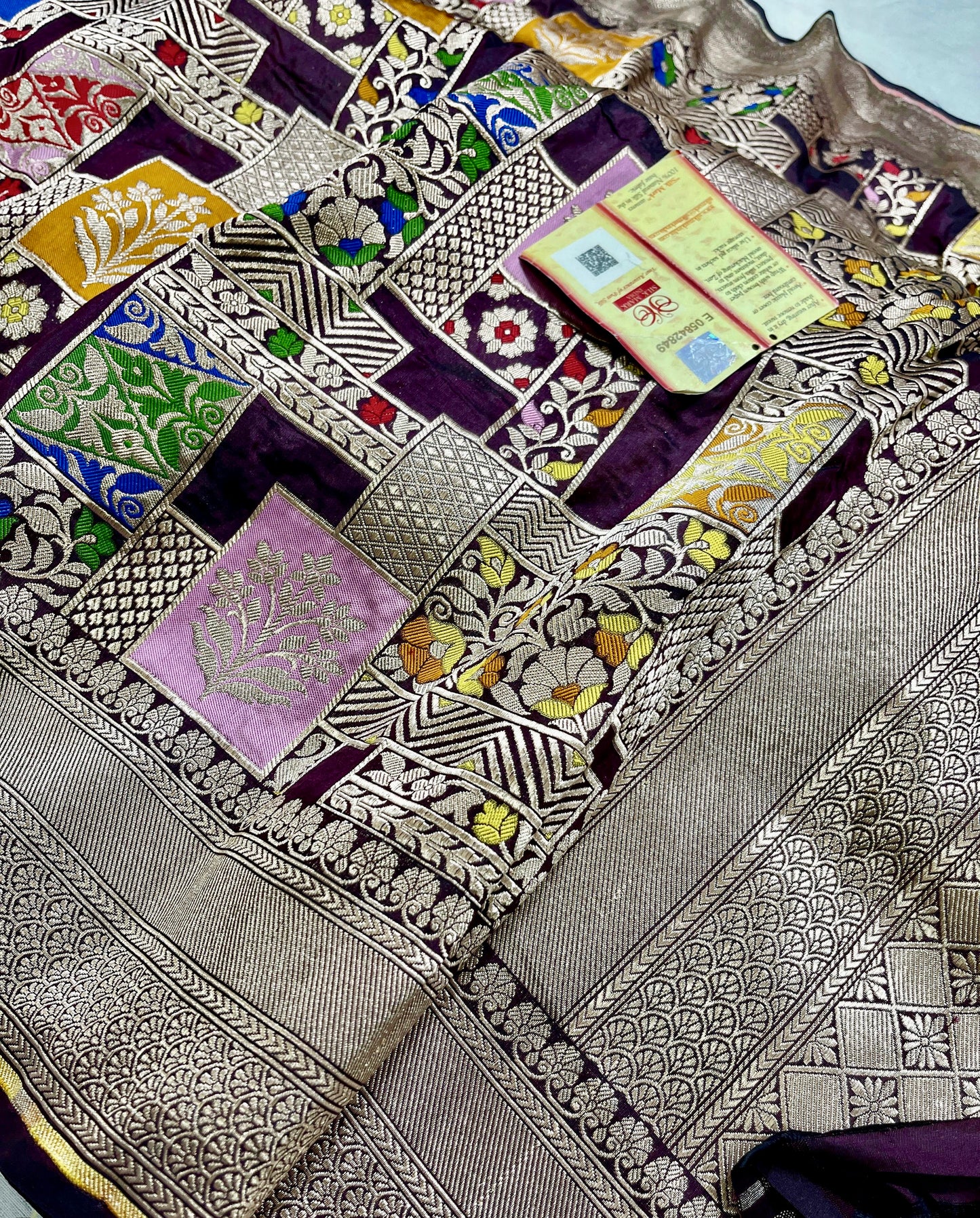 Banarasi Tilfi Katan Silk Saree with Zari Weaving and Multicolor Motifs – Silk Mark Certified