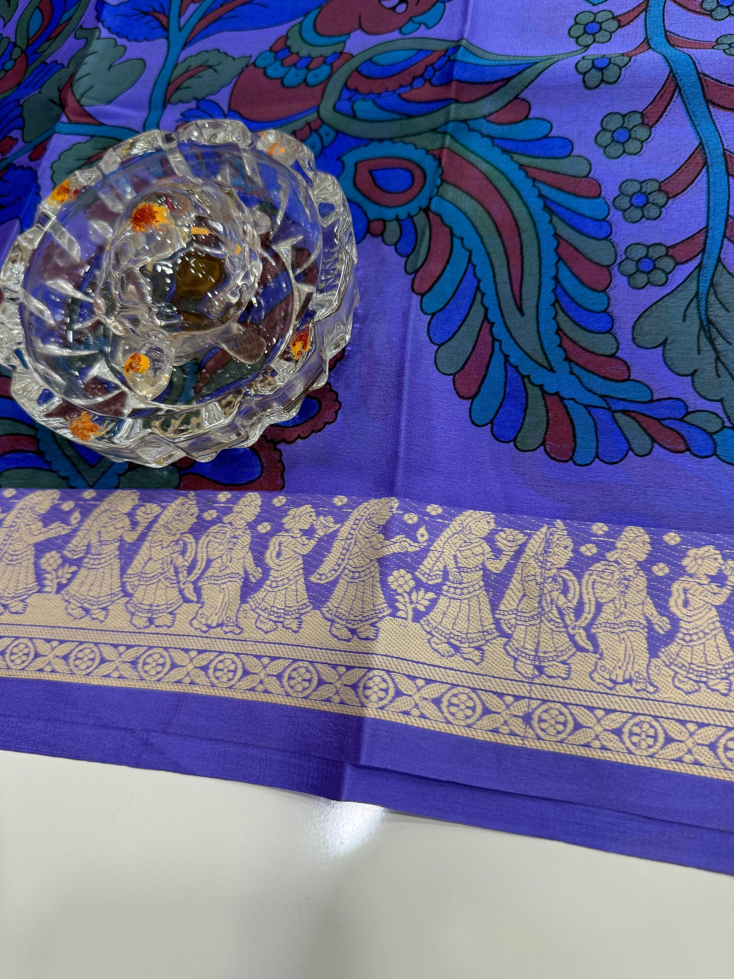 Pure Crepe Mysore Silk Saree for Women – Kalamkari Print with Kathan Border, 75 Gram, Silk Mark Certified