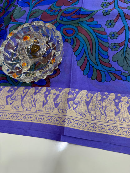 Pure Crepe Mysore Silk Saree for Women – Kalamkari Print with Kathan Border, 75 Gram, Silk Mark Certified