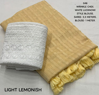 Wrinkle Chex Soft Georgette Saree with Tassel Pallu and Lucknowi White Blouse Piece