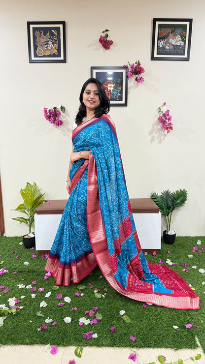 Soft Dola Silk Saree with Heavy Zari Border and Bandhani Print – Elegant Pallu with Running Blouse