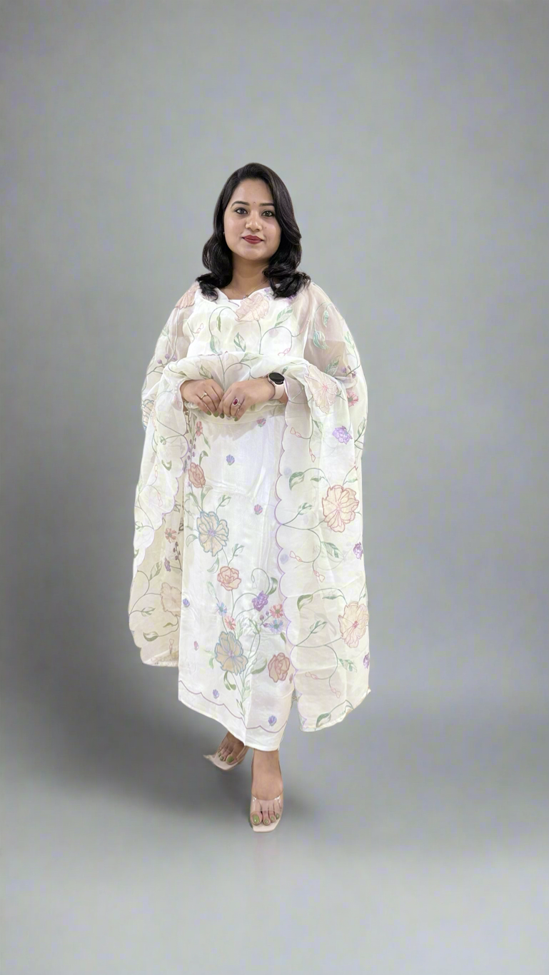 Unstitched Bamber Silk Suit with Resham Embroidery, 3D Patch Appliqué and Organza Dupatta