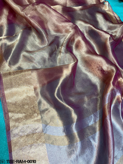 Banarasi handloom pure tissue saree with reshmi border and silver chitte pallu silkmark certified