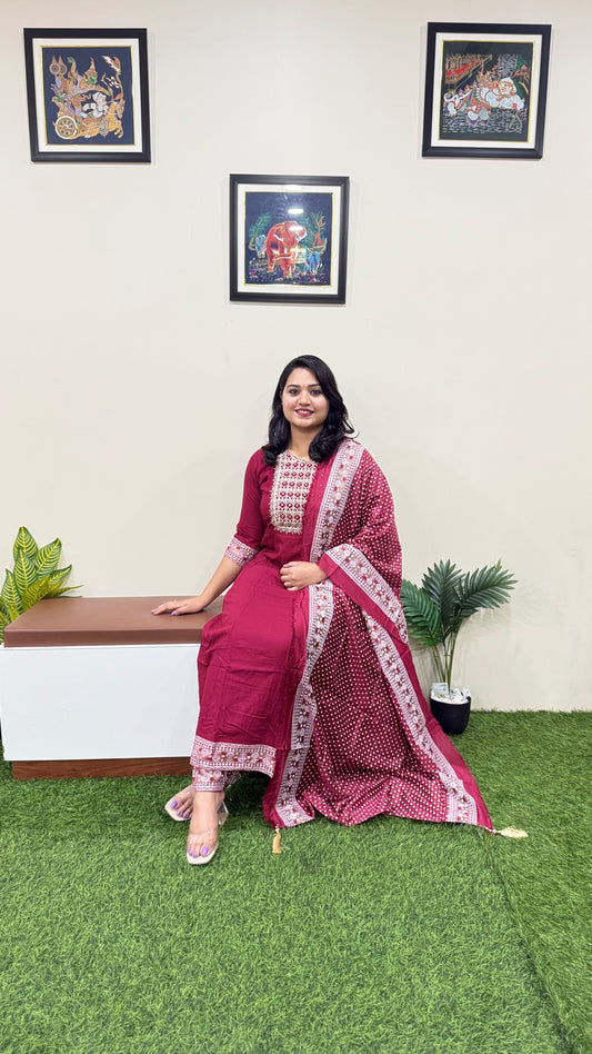 Rayon Kurta Pant Dupatta Set with Dori Embroidery and Chanderi Foil Print Dupatta – Sizes M to XXL