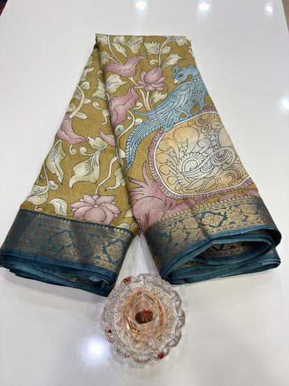 Silk blend printed saree with floral and bird motifs, zari border, women’s festive wear saree