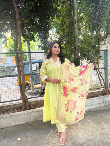 Anarkali Kurta Set in Mul Cotton with Jacquard and Lace Work – Kurti Pant Dupatta Set for Women