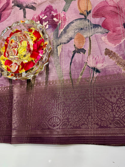 Bamboo Silk Saree with Chex Texture and Rich Pallu – Digital Floral Print Saree for Women