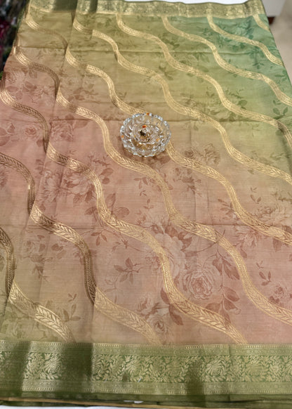 Bamboo Silk Floral Printed Saree with Rich Decorative Pallu, All Over Rich Leheriya Pattern