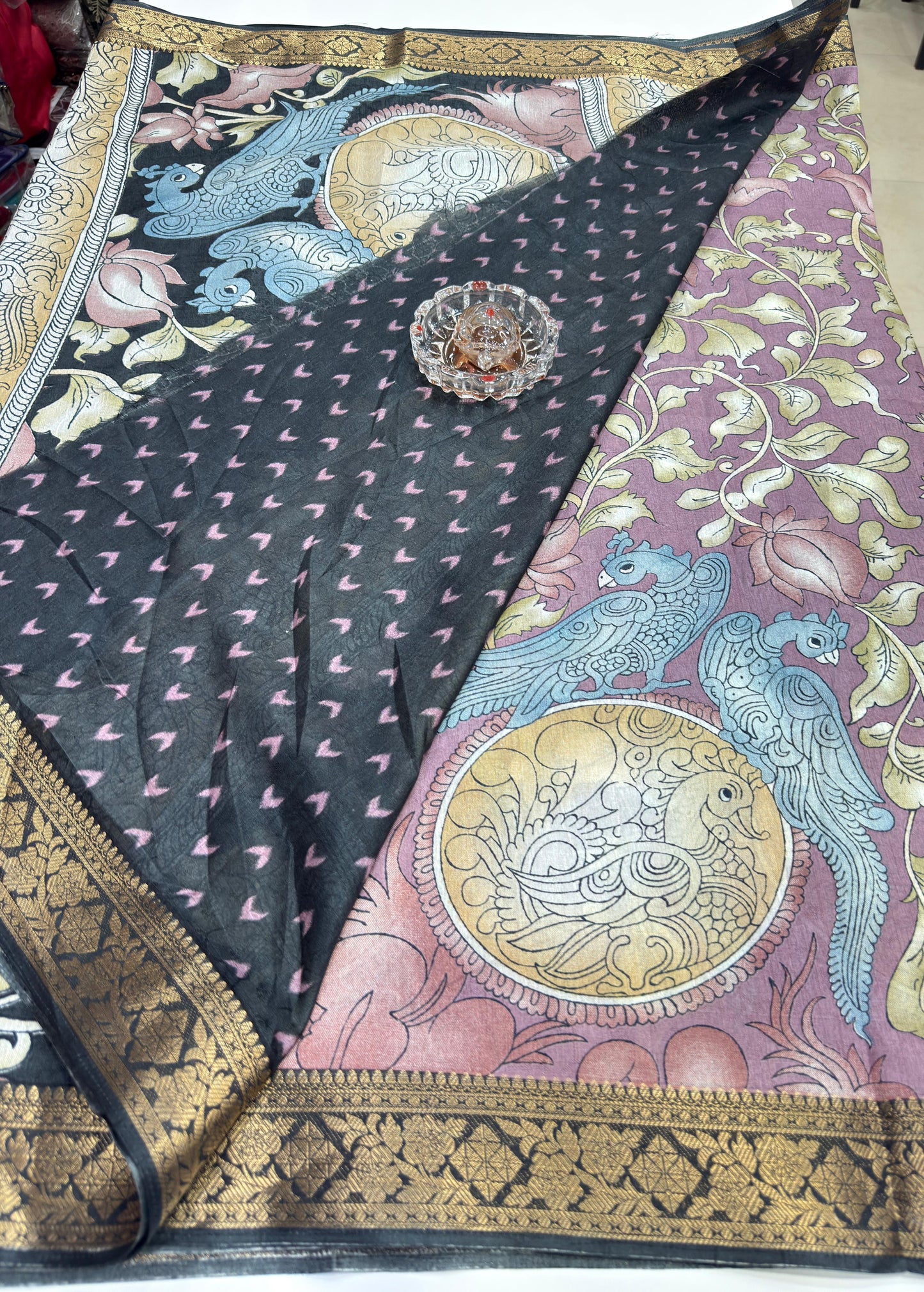 Silk blend printed saree with floral and bird motifs, zari border, women’s festive wear saree