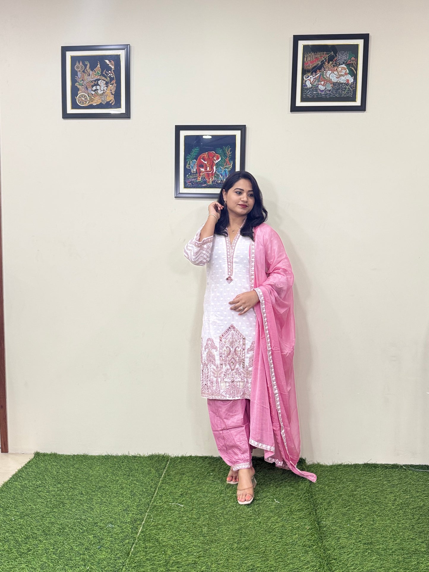 Cotton Dobby Kurti Afghani Pant Dupatta Set with Thread Mirror Work and Chiffon Dupatta for Women