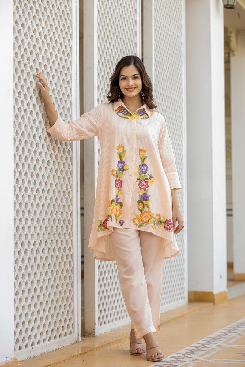 Cotton co-ord set for women with embroidered top and bottom – fully stitched ethnic casual wear