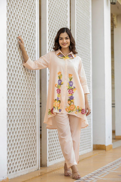 Cotton co-ord set for women with embroidered top and bottom – fully stitched ethnic casual wear