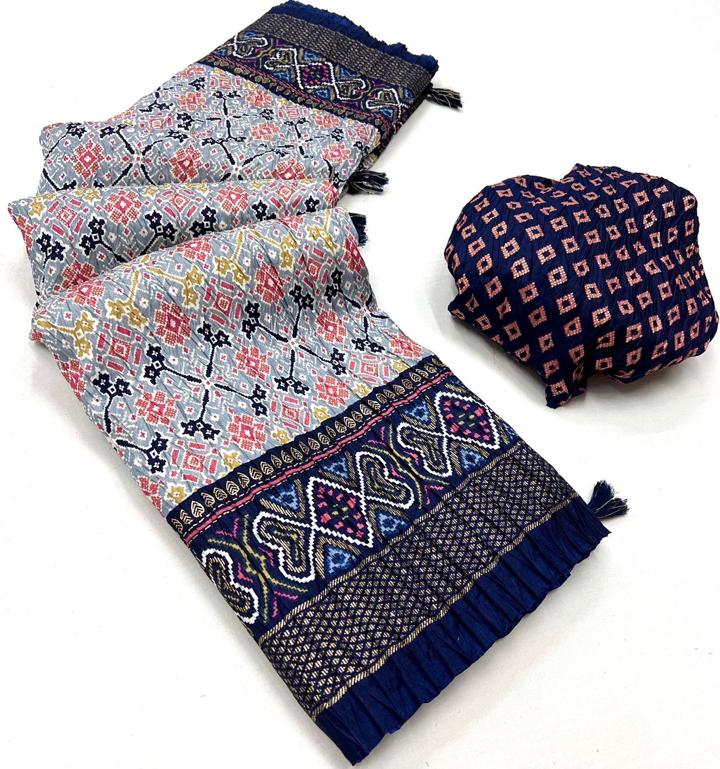 Soft Dola Silk Patola Print Saree with Foil Detailing, Tassel Pallu and Contrast Blouse for Women