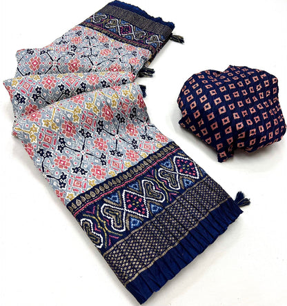 Soft Dola Silk Patola Print Saree with Foil Detailing, Tassel Pallu and Contrast Blouse for Women