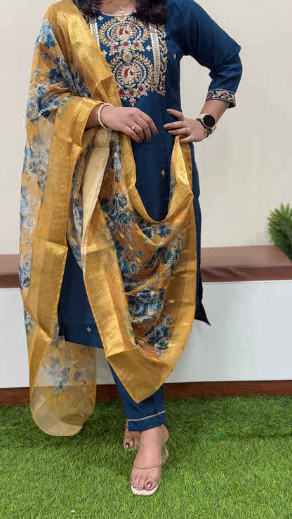 Vertican Silk Straight Cut Kurta Pant Dupatta Set with Organza Digital Print Dupatta – Sizes XL to 3XL