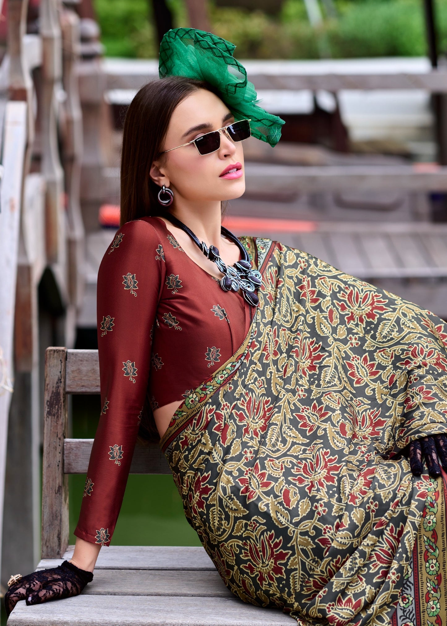 Pure Satin Silk Saree with Ajrakh Print – Festival and Traditional Wear Saree for Women
