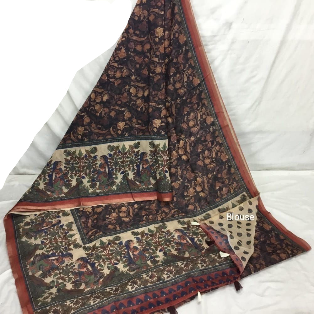 Mul Chanderi Cotton Saree with Kalamkari Print, Golden Zari Piping, and Batik Blouse – Ethnic Wear for Women