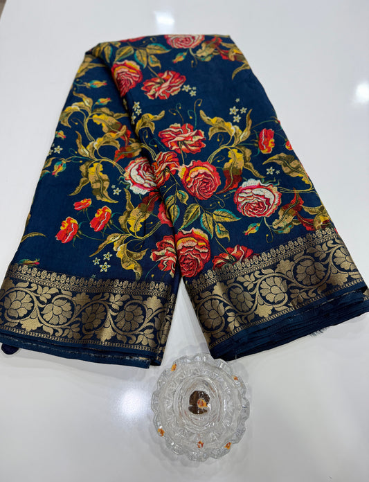 Pure Viscose Crepe silk saree with digital floral print and woven zari border for women