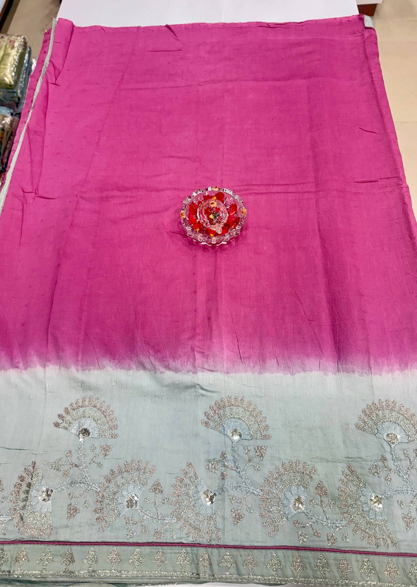 Omber Shaded Designer Silk Saree with Embroidery Lace Work, Patchwork and Art Silk Blouse