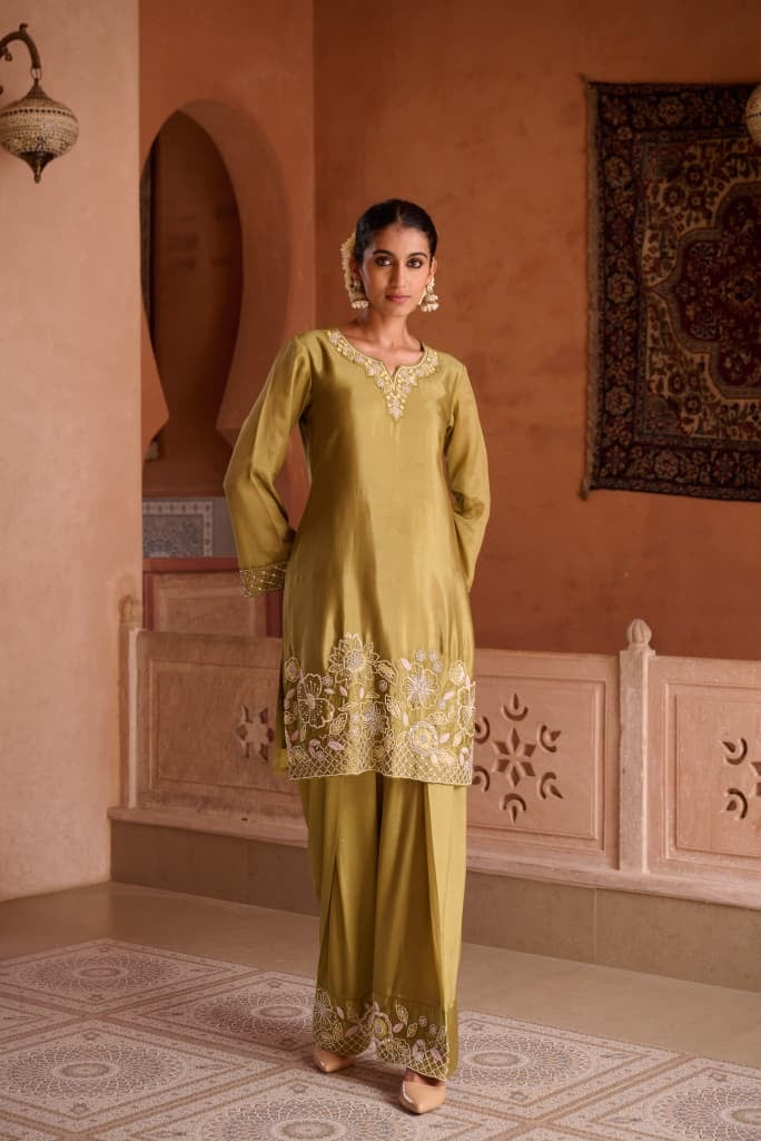 Embroidered HO Silk Glass Shimmer Kurta Farsi Pant Dupatta Set for Women