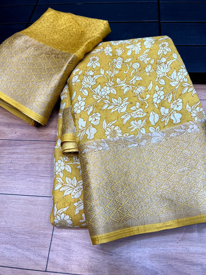 Women’s Printed Binni Crepe Silk Saree with Weaving Viscose Border and Matching Blouse