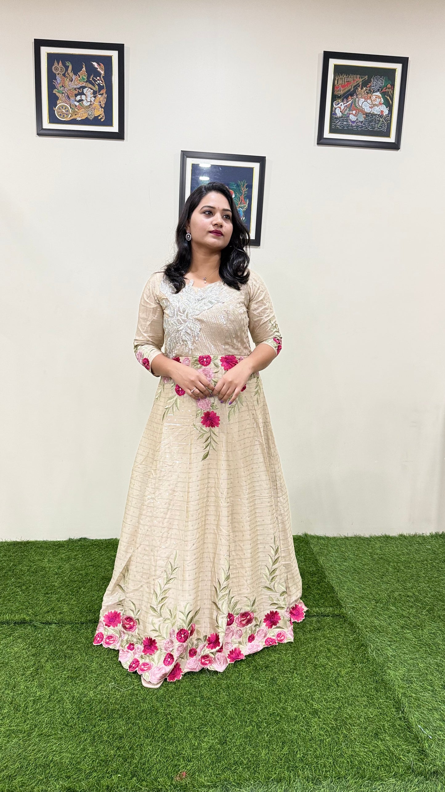 Real Chinon Silk Embroidered Ethnic Gown with Cancan and Tassel Detailing – Free Size Stitched