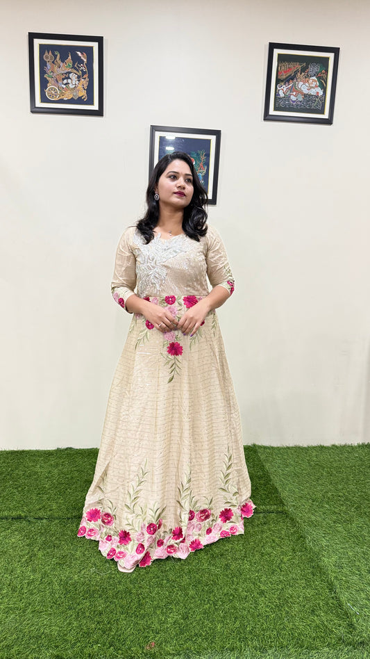 Real Chinon Silk Embroidered Ethnic Gown with Cancan and Tassel Detailing – Free Size Stitched