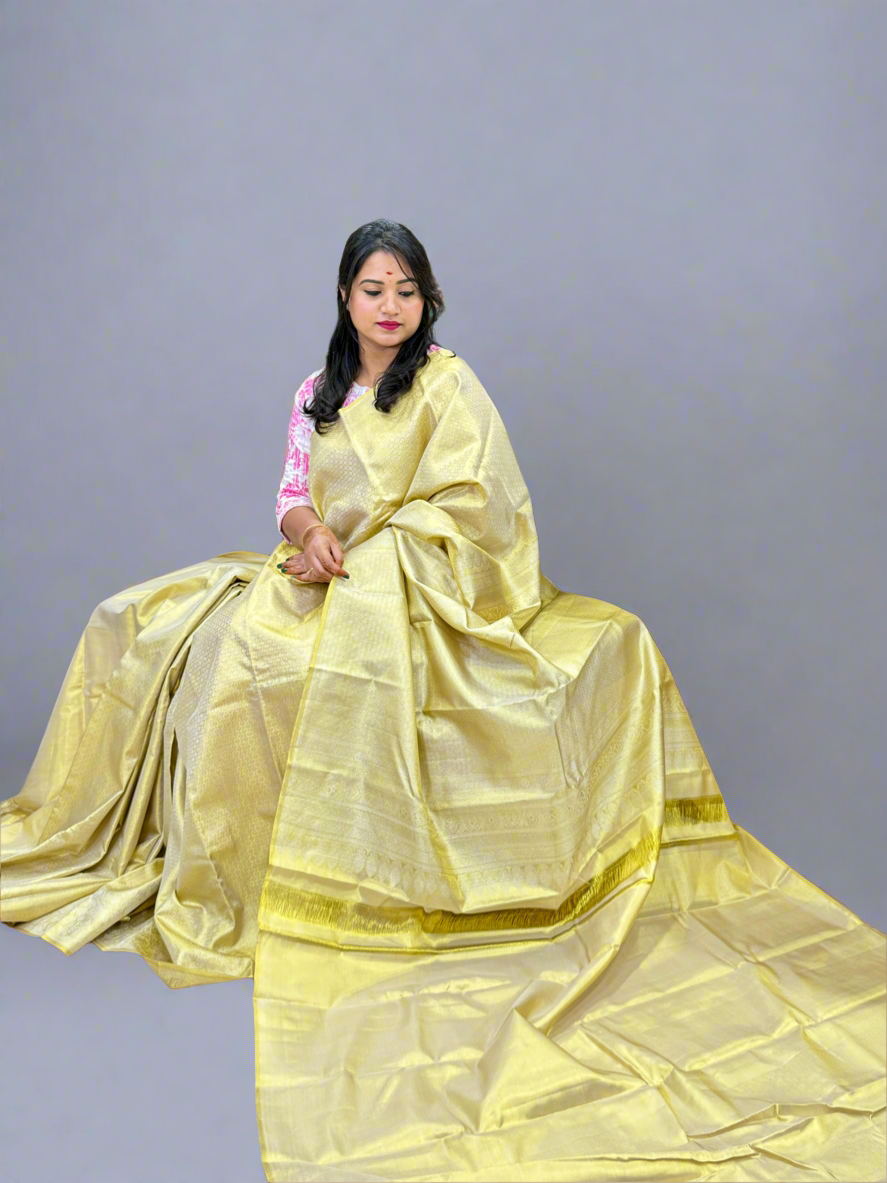 Borderless Pure Silk Handloom Saree in Ivory Gold with Zari Weaving – Festive Collection