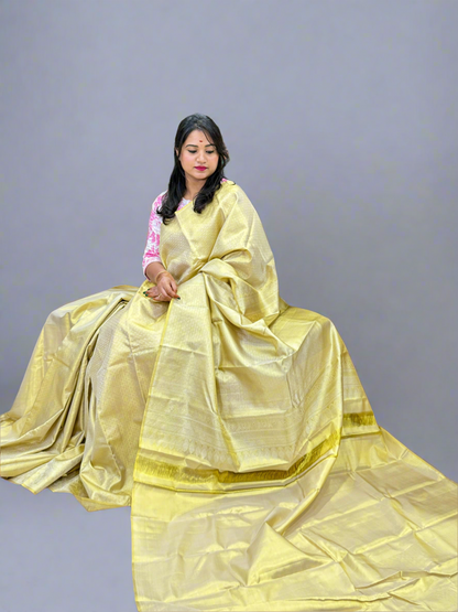 Borderless Pure Silk Handloom Saree in Ivory Gold with Zari Weaving – Festive Collection