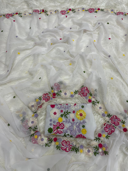 Women’s Pure Georgette Saree with Multi-Color Thread Work, Tassels and Heavy Embroidered Blouse