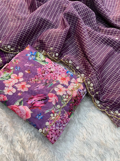 Handwork Nora Chex Saree with Pearl, Cutdana & Sequin Embroidery and Bangalori Silk Blouse