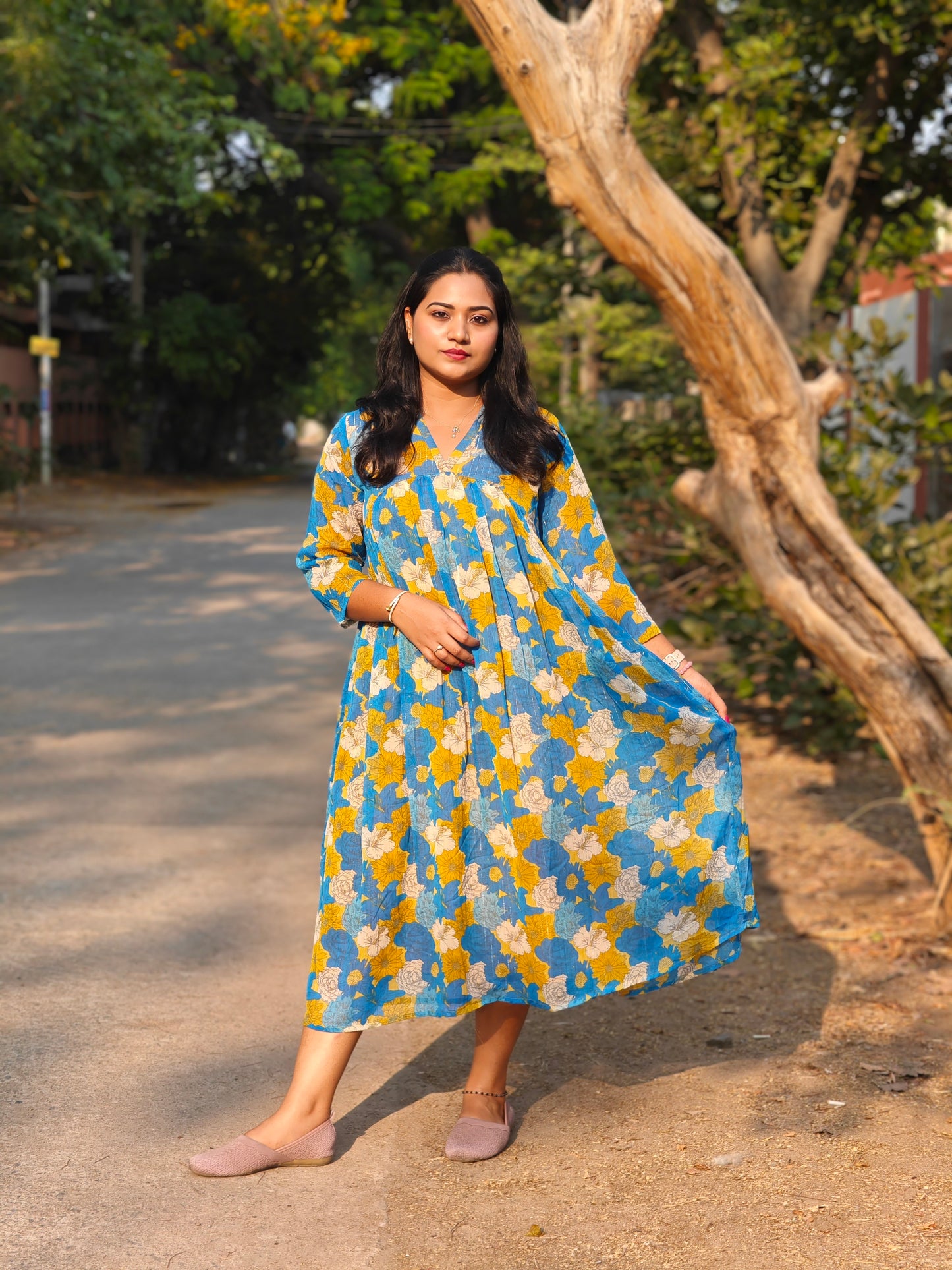 Women’s Blue Chiffon Lurex Floral Printed Flared Dress – Casual & Summer Wear